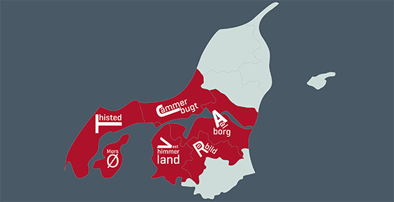 Kort over de kommuner FOA Nordjylland dækker: Thisted, Morsø, Jammerbugt, Vesthimmerland, Rebild og Aalborg.Kort over de kommuner FOA Nordjylland dækker: Thisted, Morsø, Jammerbugt, Vesthimmerland, Rebild og Aalborg.